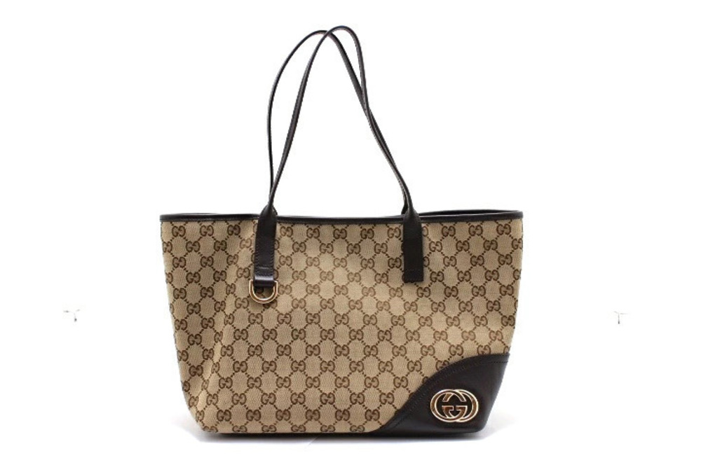 Gucci GG Tote Bag Dark Brown Beige Cream Canvas Leather